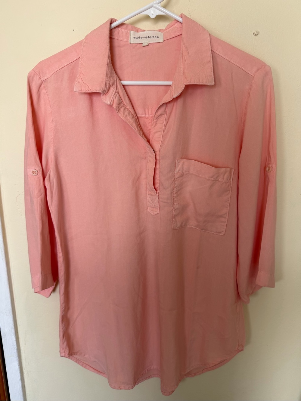 Side Stitch Coral-Pink Collared Tunic with Chest Pocket